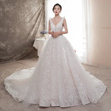 Best Champagne Wedding Dresses 2019 A Line Princess Deep V Neck Sleeveless Backless Appliques Lace Beading Chapel Train Ruffle
