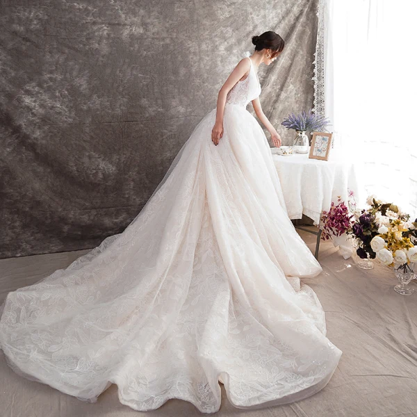 Best Champagne Wedding Dresses 2019 A-Line / Princess Deep V-Neck Sleeveless Backless Appliques Lace Beading Chapel Train Ruffle