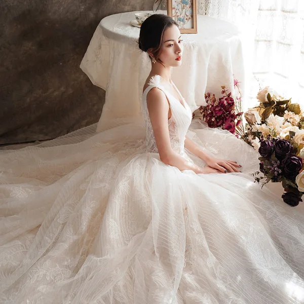 Best Champagne Wedding Dresses 2019 A-Line / Princess Deep V-Neck Sleeveless Backless Appliques Lace Beading Chapel Train Ruffle