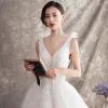 Best Champagne Wedding Dresses 2019 A-Line / Princess Deep V-Neck Sleeveless Backless Appliques Lace Beading Chapel Train Ruffle