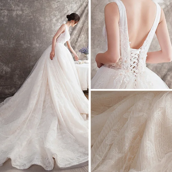 Best Champagne Wedding Dresses 2019 A-Line / Princess Deep V-Neck Sleeveless Backless Appliques Lace Beading Chapel Train Ruffle