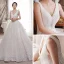 Best Champagne Wedding Dresses 2019 A-Line / Princess Deep V-Neck Sleeveless Backless Appliques Lace Beading Chapel Train Ruffle