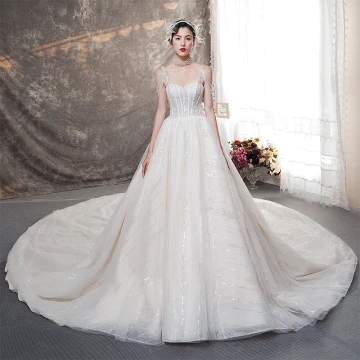 Élégant Champagne Robe De Mariée 2019 Princesse Bretelles Spaghetti Sans Manches Dos Nu Perle Perlage Glitter Tulle Cathedral Train Volants