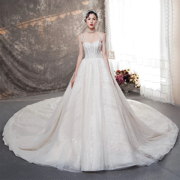 Élégant Champagne Robe De Mariée 2019 Princesse Bretelles Spaghetti Sans Manches Dos Nu Perle Perlage Glitter Tulle Cathedral Train Volants