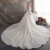 Elegant Champagne Wedding Dresses 2019 A-Line / Princess Spaghetti Straps Sleeveless Backless Pearl Beading Glitter Tulle Cathedral Train Ruffle