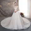 Elegant Champagne Wedding Dresses 2019 A-Line / Princess Spaghetti Straps Sleeveless Backless Pearl Beading Glitter Tulle Cathedral Train Ruffle