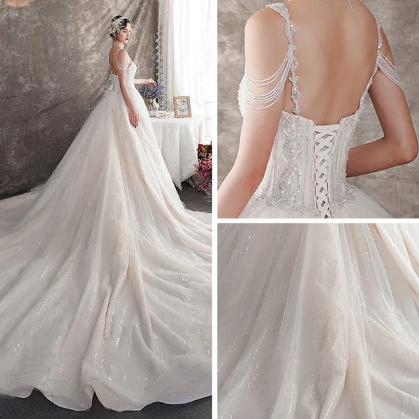 Élégant Champagne Robe De Mariée 2019 Princesse Bretelles Spaghetti Sans Manches Dos Nu Perle Perlage Glitter Tulle Cathedral Train Volants