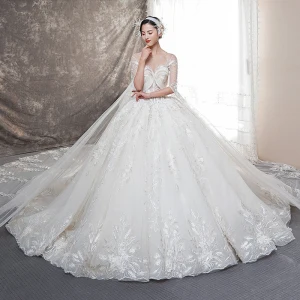 Illusion Champagne See Through Wedding Dresses 2019 Ball Gown Scoop Neck Backless Bell Sleeves Beading Appliques Lace Watteau Train Ruffle