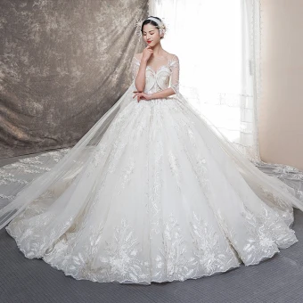 Illusion Champagne See Through Wedding Dresses 2019 Ball Gown Scoop Neck Backless Bell Sleeves Beading Appliques Lace Watteau Train Ruffle