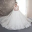 Illusion Champagne See-through Wedding Dresses 2019 Ball Gown Scoop Neck Backless Bell sleeves Beading Appliques Lace Watteau Train Ruffle