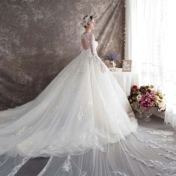 Illusion Champagne See-through Wedding Dresses 2019 Ball Gown Scoop Neck Backless Bell sleeves Beading Appliques Lace Watteau Train Ruffle