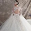 Illusion Champagne See-through Wedding Dresses 2019 Ball Gown Scoop Neck Backless Bell sleeves Beading Appliques Lace Watteau Train Ruffle