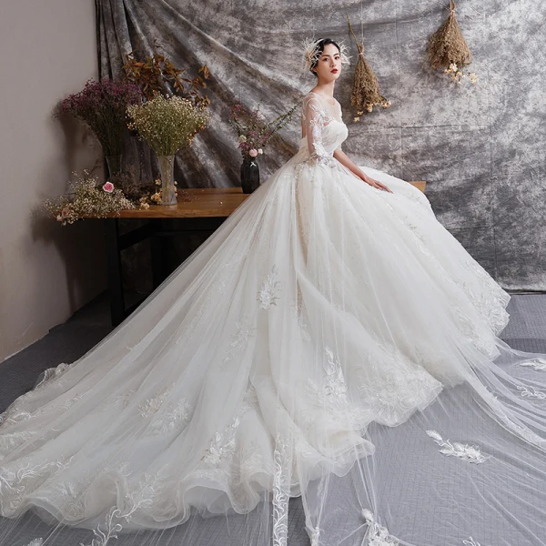 Illusion Champagne See-through Wedding Dresses 2019 Ball Gown Scoop Neck Backless Bell sleeves Beading Appliques Lace Watteau Train Ruffle