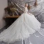 Illusion Champagne See-through Wedding Dresses 2019 Ball Gown Scoop Neck Backless Bell sleeves Beading Appliques Lace Watteau Train Ruffle