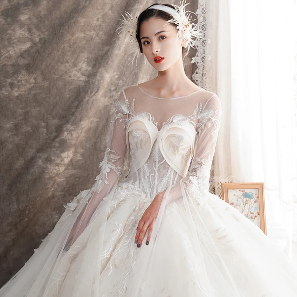 Illusion Champagne See-through Wedding Dresses 2019 Ball Gown Scoop Neck Backless Bell sleeves Beading Appliques Lace Watteau Train Ruffle