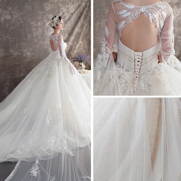 Illusion Champagne See-through Wedding Dresses 2019 Ball Gown Scoop Neck Backless Bell sleeves Beading Appliques Lace Watteau Train Ruffle