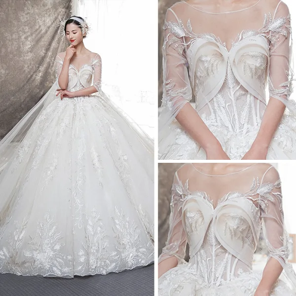 Illusion Champagne See-through Wedding Dresses 2019 Ball Gown Scoop Neck Backless Bell sleeves Beading Appliques Lace Watteau Train Ruffle