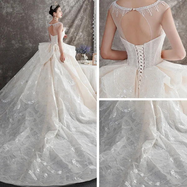 Luxe Champagne Transparentes Robe De Mariée 2019 Robe Boule Encolure Carrée Sans Manches Dos Nu Perlage Glitter Tulle Cathedral Train Volants