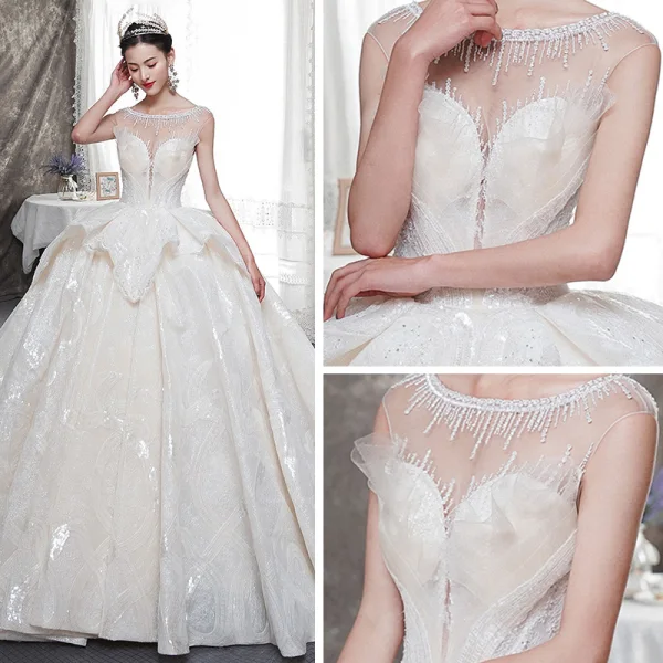 Luxe Champagne Transparentes Robe De Mariée 2019 Robe Boule Encolure Carrée Sans Manches Dos Nu Perlage Glitter Tulle Cathedral Train Volants