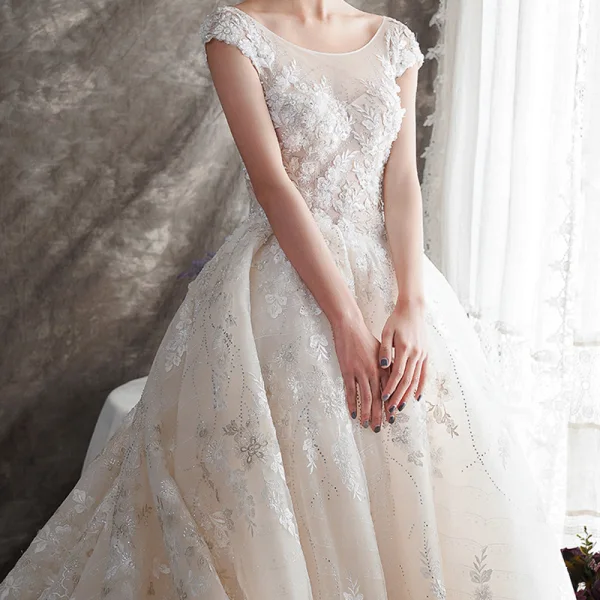 Illusion Champagne Transparentes Robe De Mariée 2019 Princesse Encolure Dégagée Mancherons Dos Nu Appliques En Dentelle Faux Diamant Perlage Glitter Tulle Cathedral Train Volants