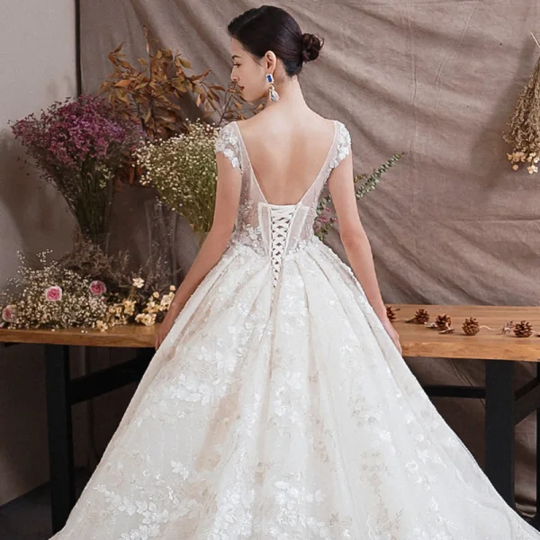 Illusion Champagne Transparentes Robe De Mariée 2019 Princesse Encolure Dégagée Mancherons Dos Nu Appliques En Dentelle Faux Diamant Perlage Glitter Tulle Cathedral Train Volants