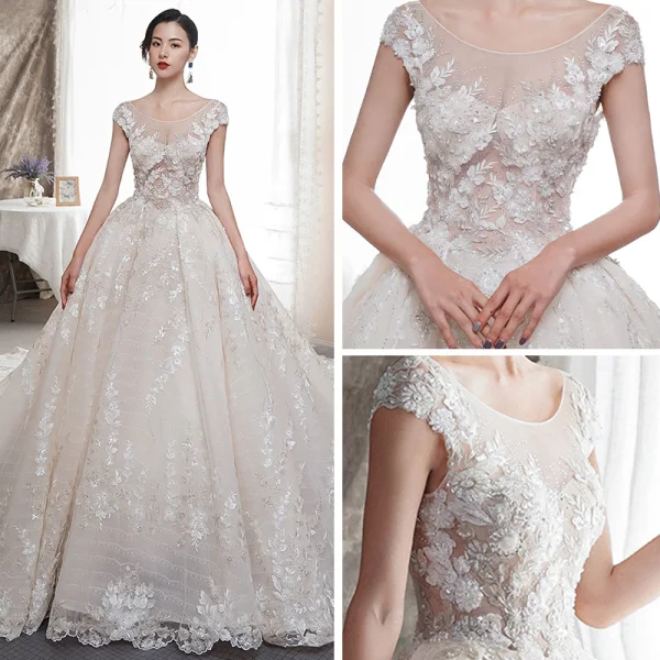 Illusion Champagne Transparentes Robe De Mariée 2019 Princesse Encolure Dégagée Mancherons Dos Nu Appliques En Dentelle Faux Diamant Perlage Glitter Tulle Cathedral Train Volants