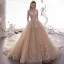 Luxe Champagne Transparentes Robe De Mariée 2019 Princesse Encolure Carrée 3/4 Manches Dos Nu Glitter Tulle Appliques En Dentelle Perlage Cathedral Train Volants