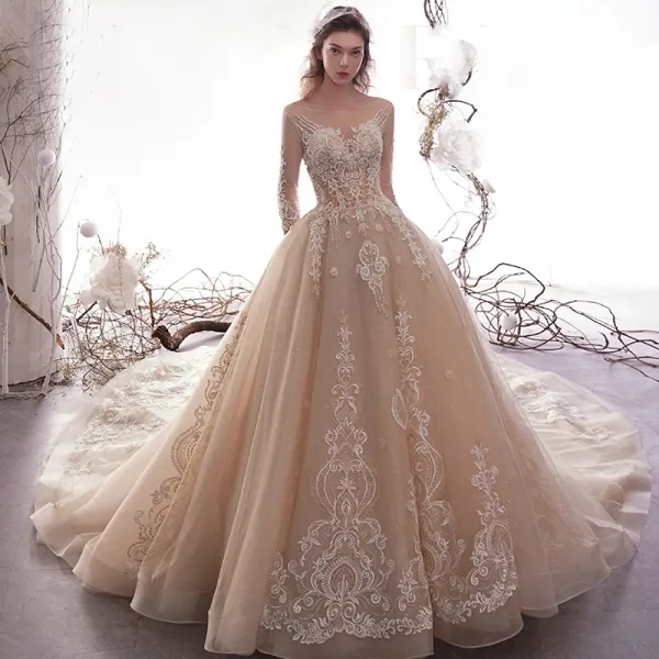 Luxury / Gorgeous Champagne See-through Wedding Dresses 2019 A-Line / Princess Square Neckline 3/4 Sleeve Backless Glitter Tulle Appliques Lace Beading Cathedral Train Ruffle