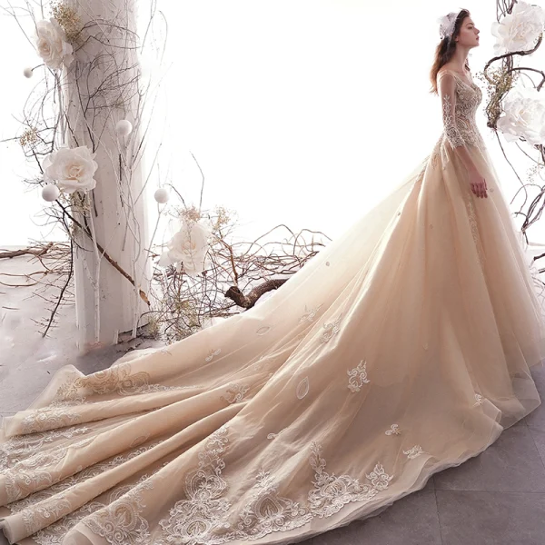 Luxe Champagne Transparentes Robe De Mariée 2019 Princesse Encolure Carrée 3/4 Manches Dos Nu Glitter Tulle Appliques En Dentelle Perlage Cathedral Train Volants