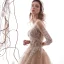 Luxe Champagne Transparentes Robe De Mariée 2019 Princesse Encolure Carrée 3/4 Manches Dos Nu Glitter Tulle Appliques En Dentelle Perlage Cathedral Train Volants