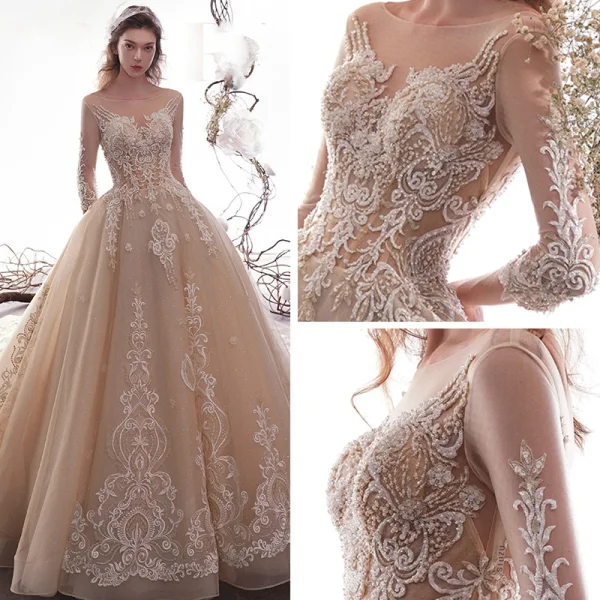 Luxe Champagne Transparentes Robe De Mariée 2019 Princesse Encolure Carrée 3/4 Manches Dos Nu Glitter Tulle Appliques En Dentelle Perlage Cathedral Train Volants