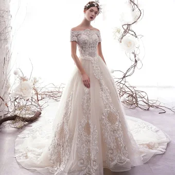 Classy Champagne Pierced Wedding Dresses 2019 A Line Princess Off The Shoulder Short Sleeve Backless Appliques Lace Beading Glitter Tulle Chapel Train Ruffle