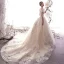Edles Champagner Durchbohrt Brautkleider / Hochzeitskleider 2019 A Linie Off Shoulder Kurze Ärmel Rückenfreies Applikationen Spitze Perlenstickerei Glanz Tülle Kapelle-Schleppe Rüschen