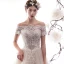 Edles Champagner Durchbohrt Brautkleider / Hochzeitskleider 2019 A Linie Off Shoulder Kurze Ärmel Rückenfreies Applikationen Spitze Perlenstickerei Glanz Tülle Kapelle-Schleppe Rüschen