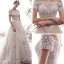 Edles Champagner Durchbohrt Brautkleider / Hochzeitskleider 2019 A Linie Off Shoulder Kurze Ärmel Rückenfreies Applikationen Spitze Perlenstickerei Glanz Tülle Kapelle-Schleppe Rüschen