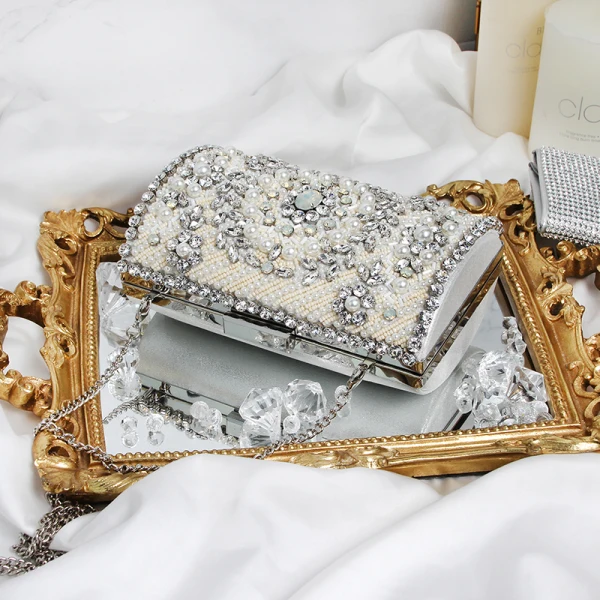 Luksusowe Srebrny Perła Rhinestone Skóry Lakierowanej Kopertówki 2019