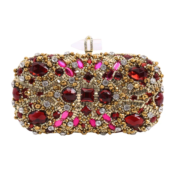 Chic / Beautiful Red Rhinestone Gold Patent Leather Clutch Bags 2019