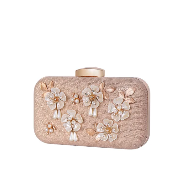 Stilig Champagne Kristall Blomma Pärla Rhinestone Kuvertväska 2019