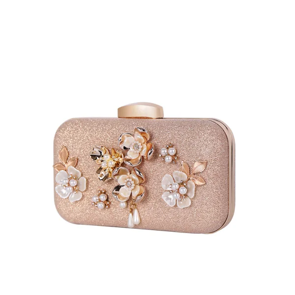 Stilig Champagne Kristall Blomma Pärla Rhinestone Kuvertväska 2019