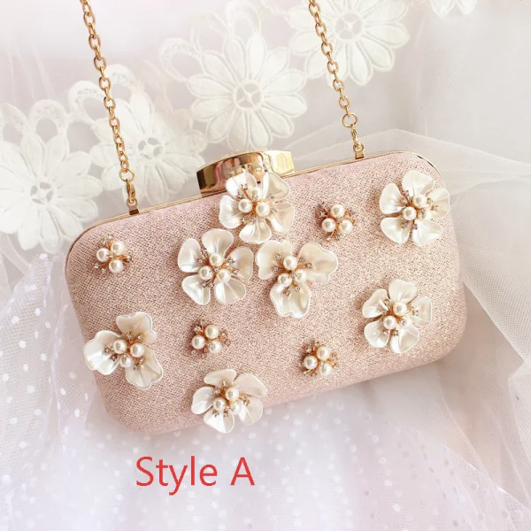 Stilig Champagne Kristall Blomma Pärla Rhinestone Kuvertväska 2019