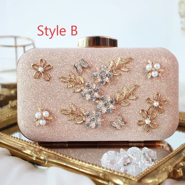 Stilig Champagne Kristall Blomma Pärla Rhinestone Kuvertväska 2019