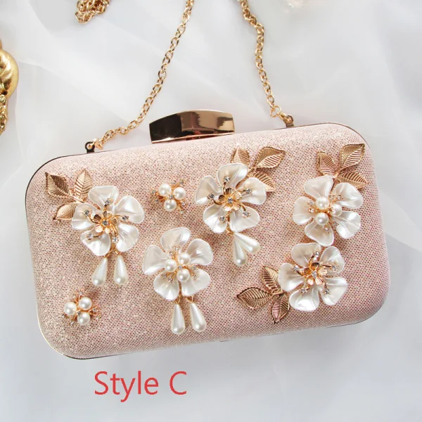 Stilig Champagne Kristall Blomma Pärla Rhinestone Kuvertväska 2019