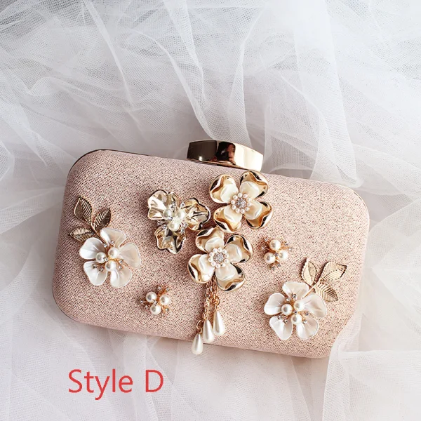 Stilig Champagne Kristall Blomma Pärla Rhinestone Kuvertväska 2019