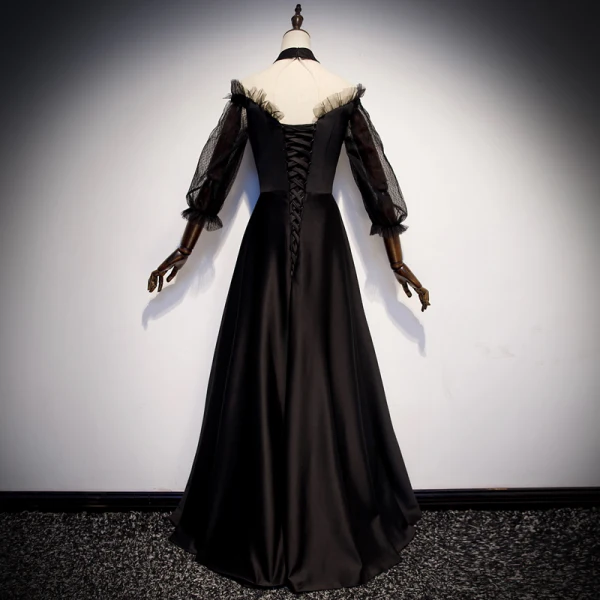 Vintage / Retro Black See-through Satin Evening Dresses  2019 A-Line / Princess High Neck Puffy 3/4 Sleeve Pearl Floor-Length / Long Formal Dresses