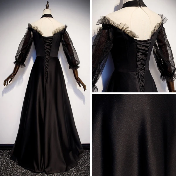 Vintage / Retro Black See-through Satin Evening Dresses  2019 A-Line / Princess High Neck Puffy 3/4 Sleeve Pearl Floor-Length / Long Formal Dresses