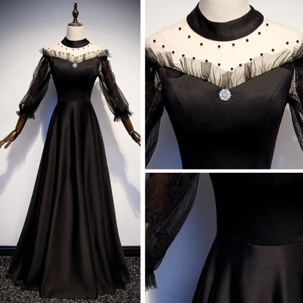 Vintage / Retro Black See-through Satin Evening Dresses  2019 A-Line / Princess High Neck Puffy 3/4 Sleeve Pearl Floor-Length / Long Formal Dresses