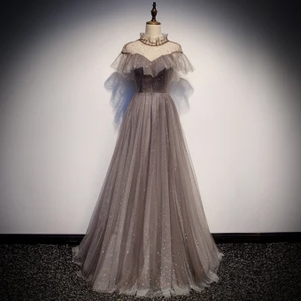 Elegant Brown See Through Evening Dresses 2019 A Line Princess High Neck Short Sleeve Backless Glitter Star Floor Length Long Ruffle Formal Dresses