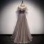 Elegant Brown See-through Evening Dresses  2019 A-Line / Princess High Neck Short Sleeve Backless Glitter Star Floor-Length / Long Ruffle Formal Dresses