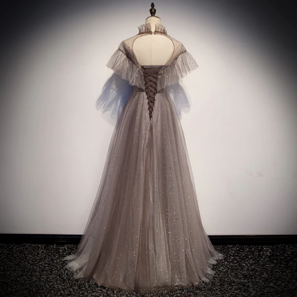 Elegant Brown See-through Evening Dresses 2019 A-Line / Princess High Neck Short Sleeve Backless Glitter Star Floor-Length / Long Ruffle Formal Dresses