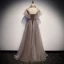 Elegant Brown See-through Evening Dresses  2019 A-Line / Princess High Neck Short Sleeve Backless Glitter Star Floor-Length / Long Ruffle Formal Dresses